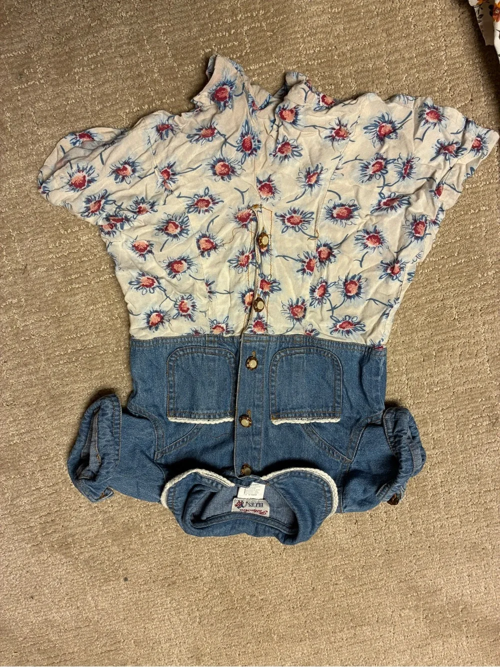 Girls size 5 romper. Cotton Demin Top & Soft Fabric Bottom. Vintage Button Up